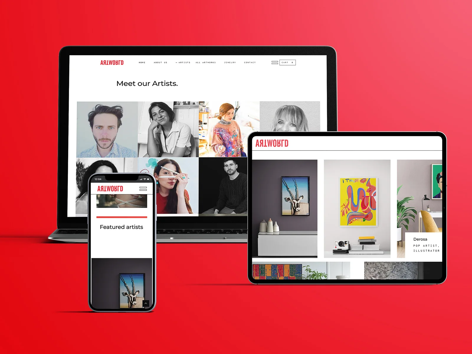 Artworld website displayed on laptop, tablet and smartphone