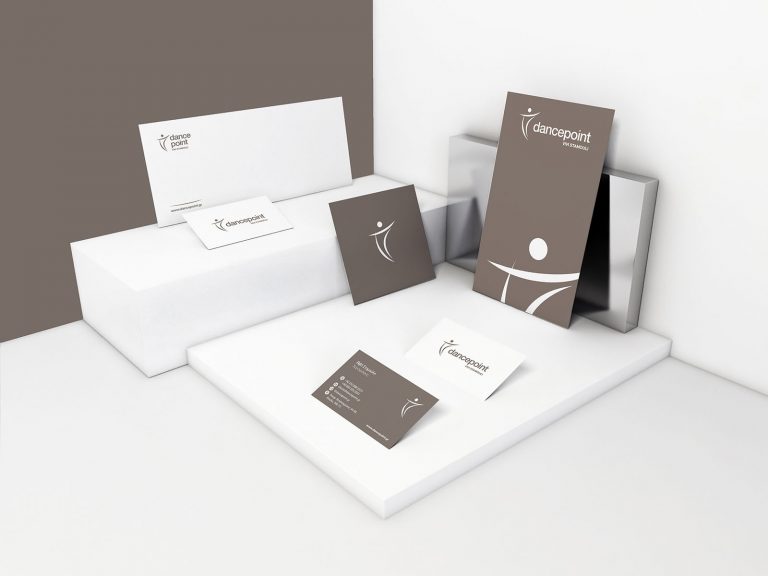 Dancepoint — warm grey and white identity on stationery and folders
