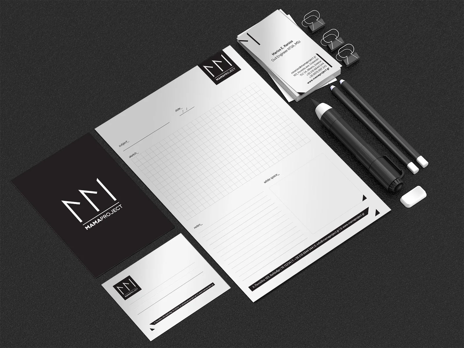 MAMAproject business cards and notepad with the visual identity