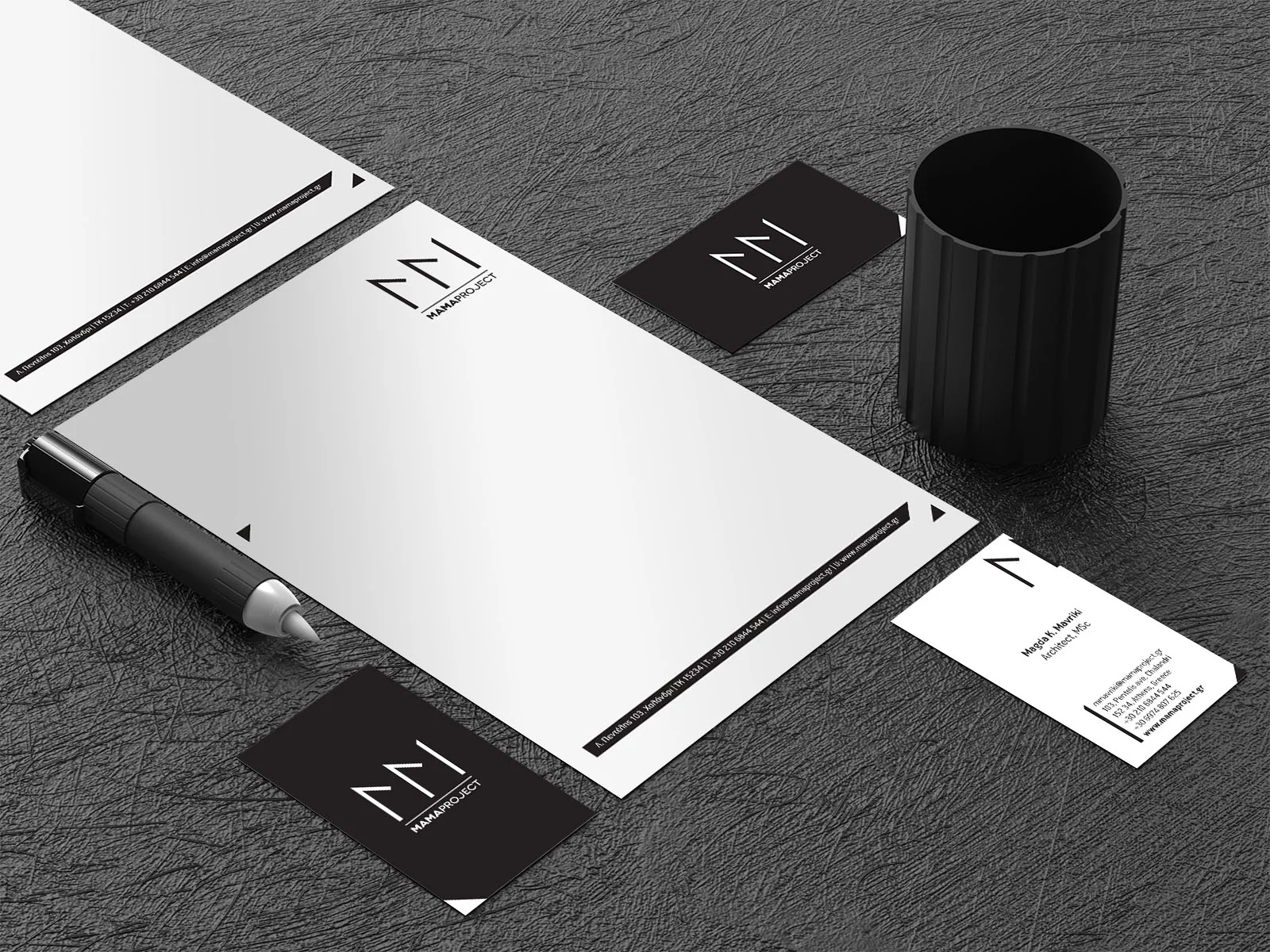 MAMAproject — black and white stationery with the geometric M mark