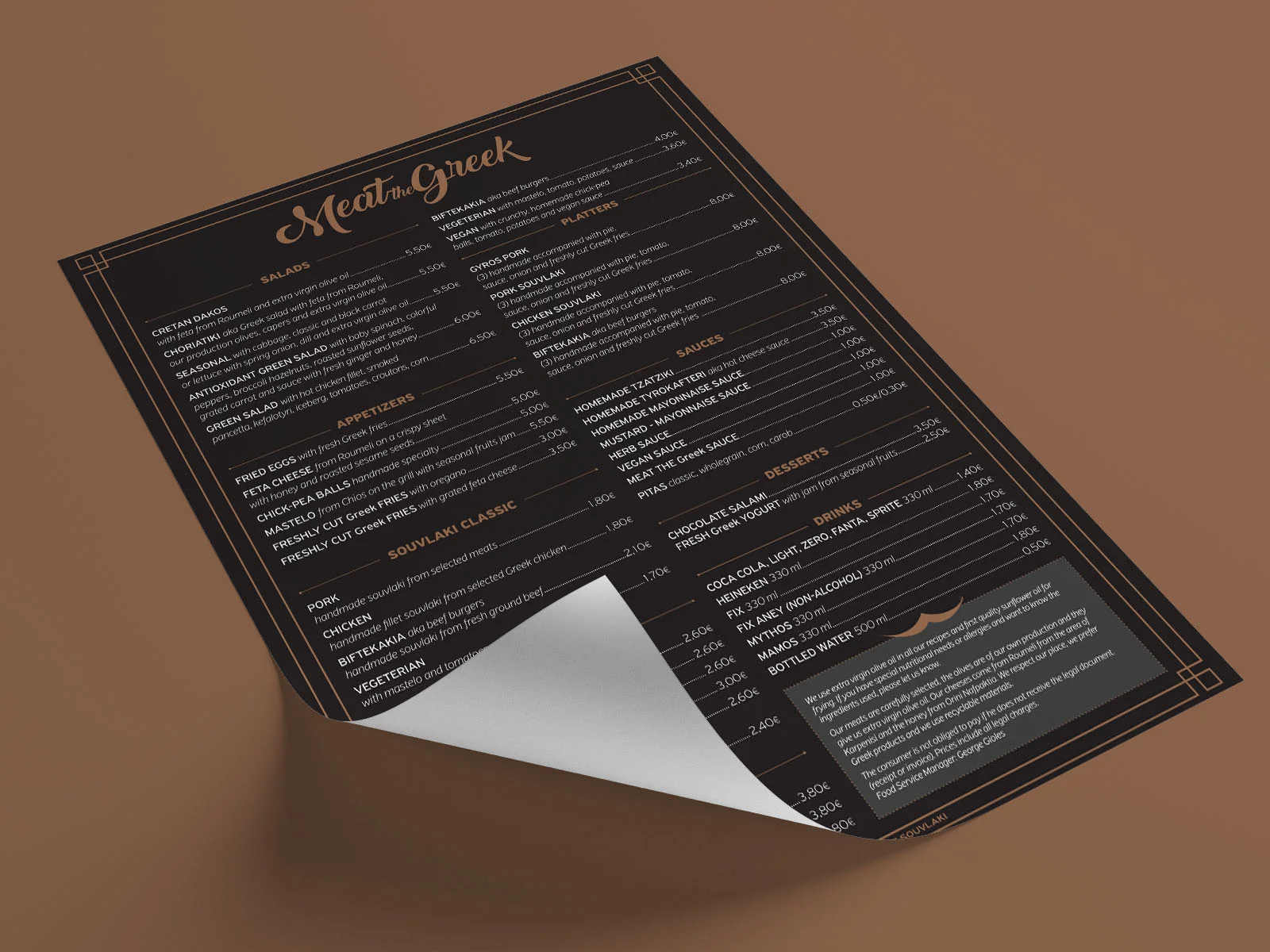 English menu with the Meat the Greek identity