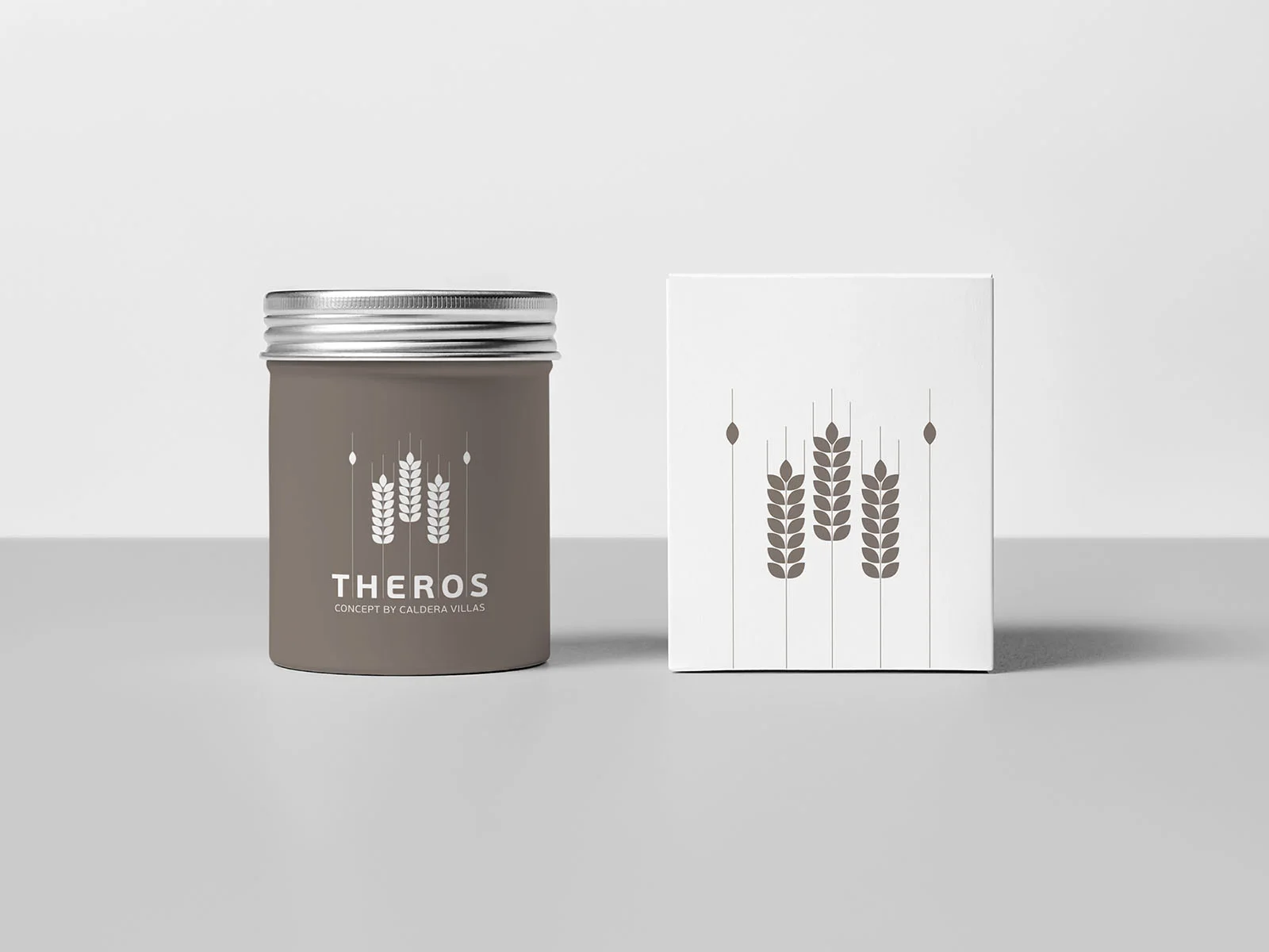 Theros Concept — hotel jar and white box with the wheat identity