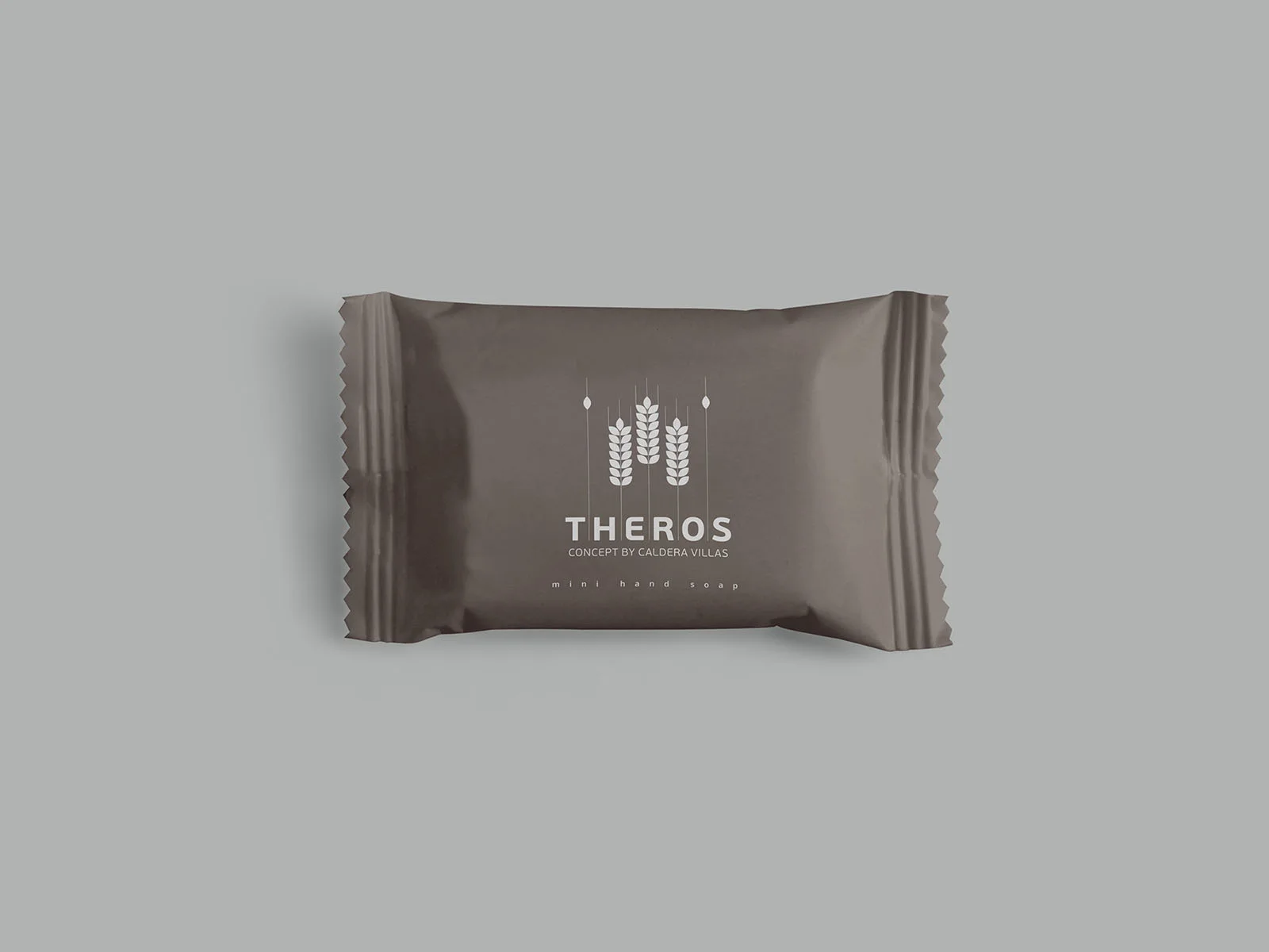 Theros Concept — warm grey amenity packet with white hotel lettering