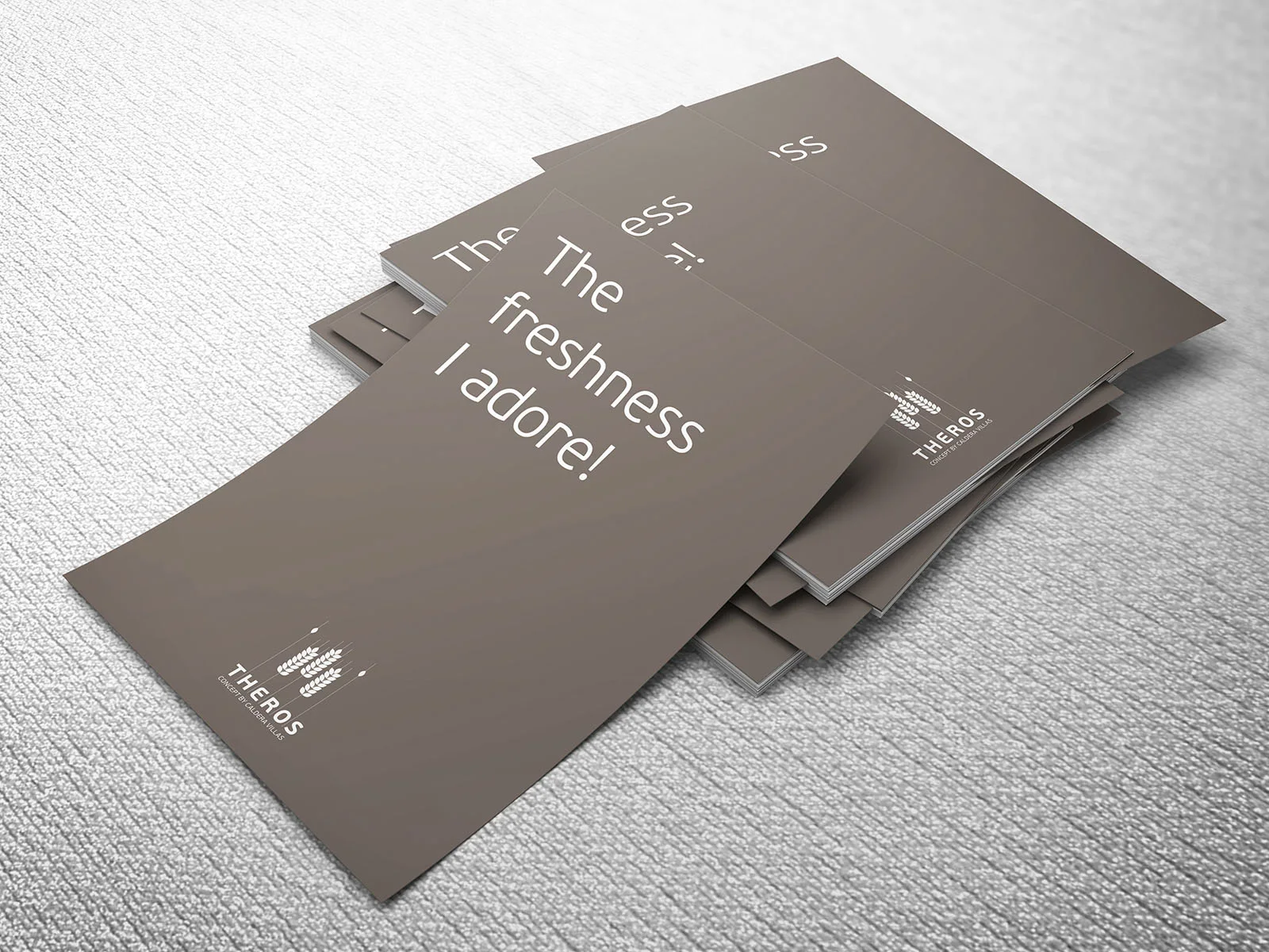 Theros Concept — fresh-linen card with white typography on warm grey