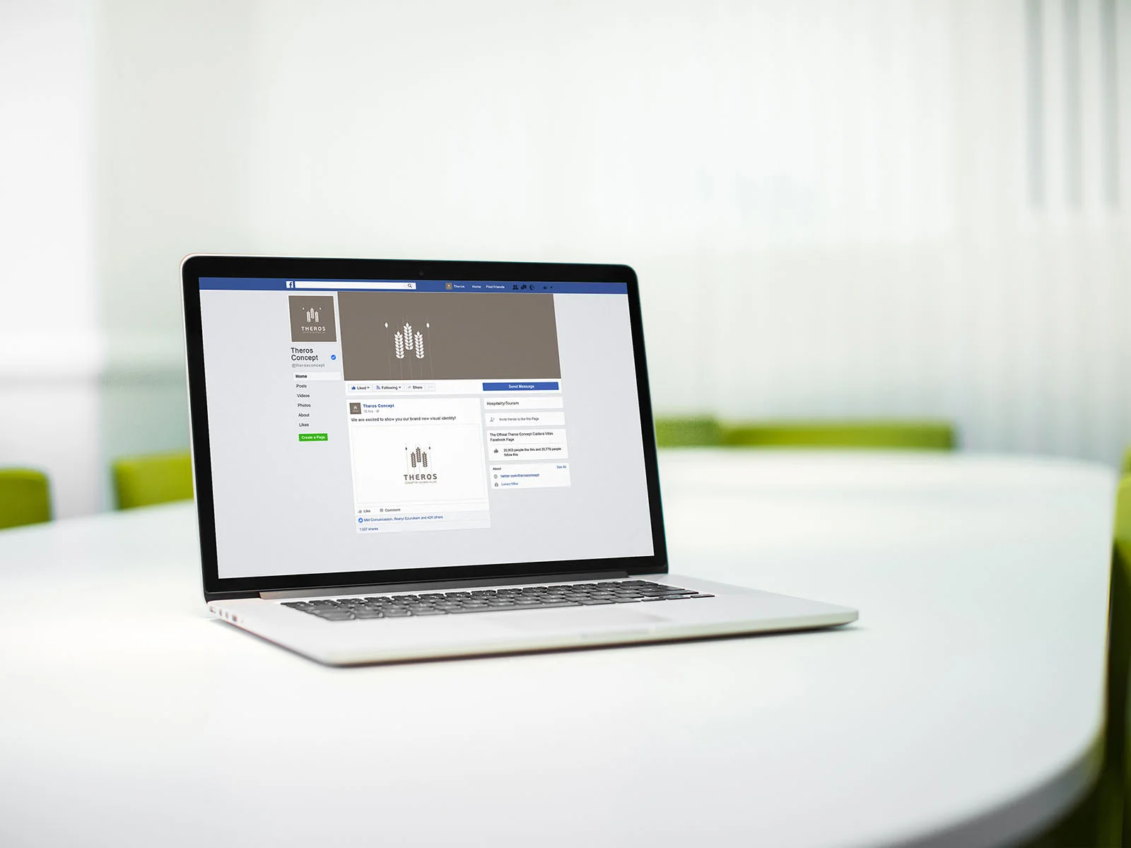 Theros Concept — hotel Facebook page shown on a laptop