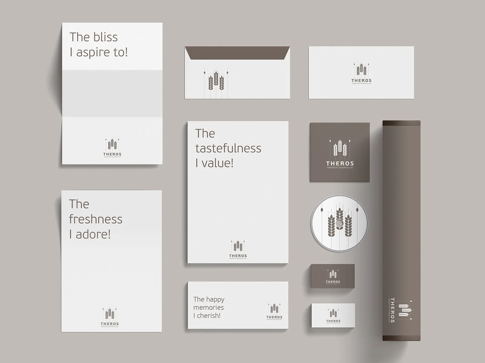 Theros Concept — hotel cards, labels and stationery with the wheat emblem