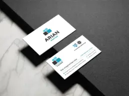 Arian Maritime business cards featuring the redesigned geometric logo