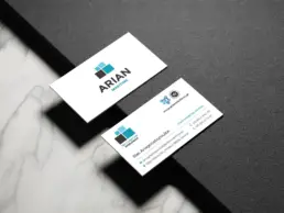 Arian Maritime business cards featuring the redesigned geometric logo