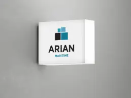 Arian Maritime logo on a lightbox sign mockup