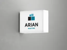 Arian Maritime logo on a lightbox sign mockup