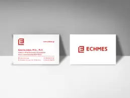ECHMES business cards with red logo and typography on white paper