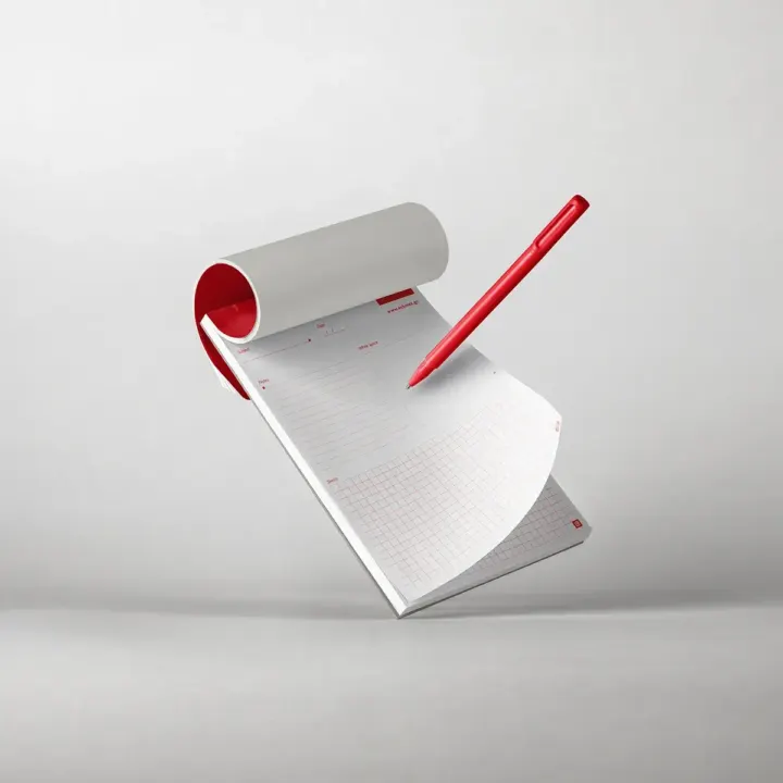 ECHMES white notepad with red backing and pen