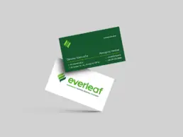 Επαγγελματικές κάρτες Everleaf σε βαθύ πράσινο και λευκό με το σύμβολο των φύλλων