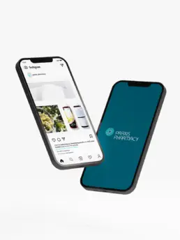 Praxis Pharmacy Instagram and brand identity displayed on two smartphone mockups