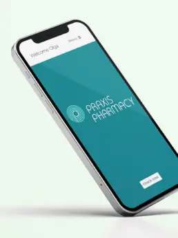Praxis Pharmacy mobile interface concept displayed on a smartphone mockup