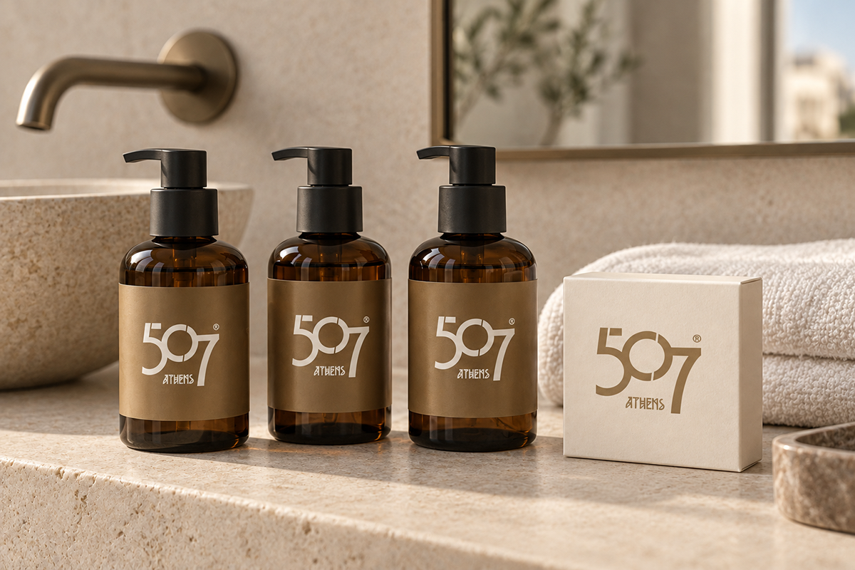 507 Athens identity on amber amenities bottles and an ivory soap carton
