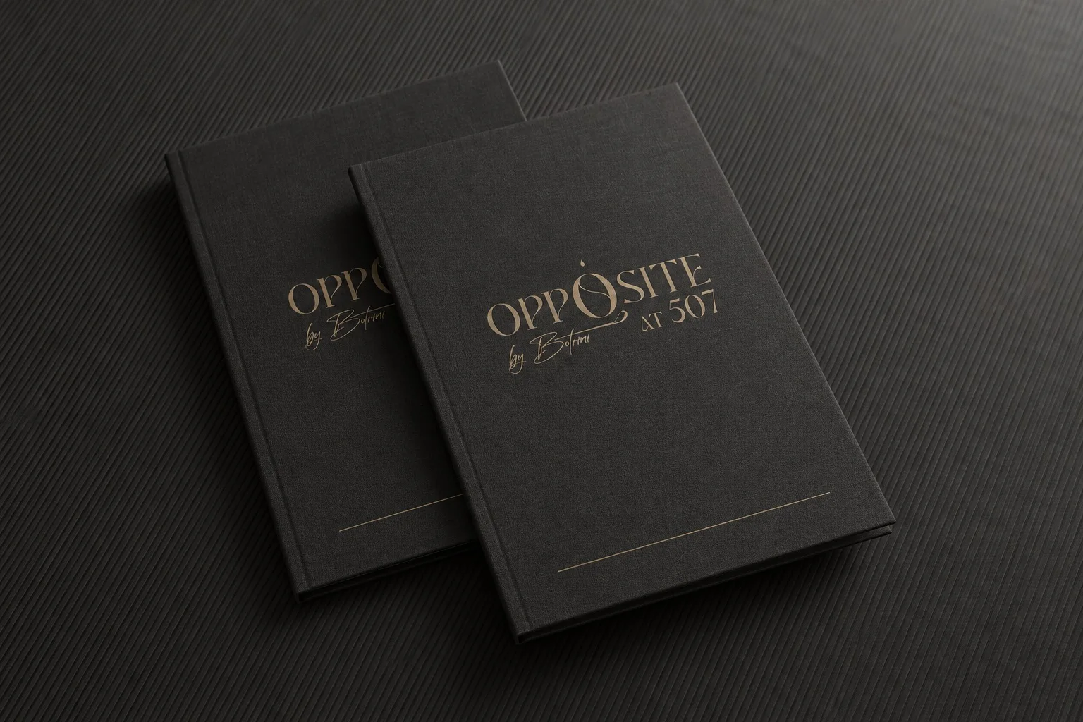 Opposite at 507 menu mockup with a charcoal cover and muted gold logo
