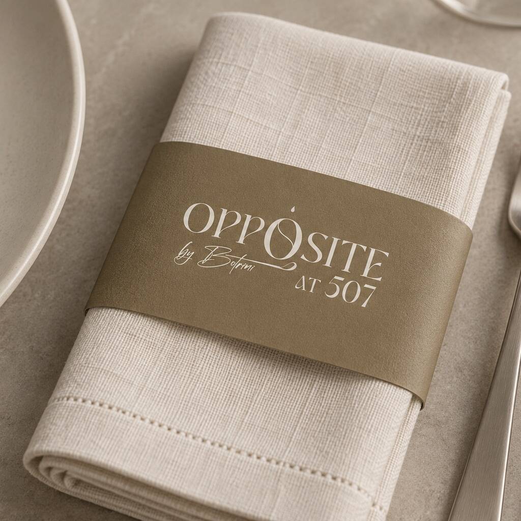 Ivory linen napkin mockup with a gold paper sleeve and the Opposite logo