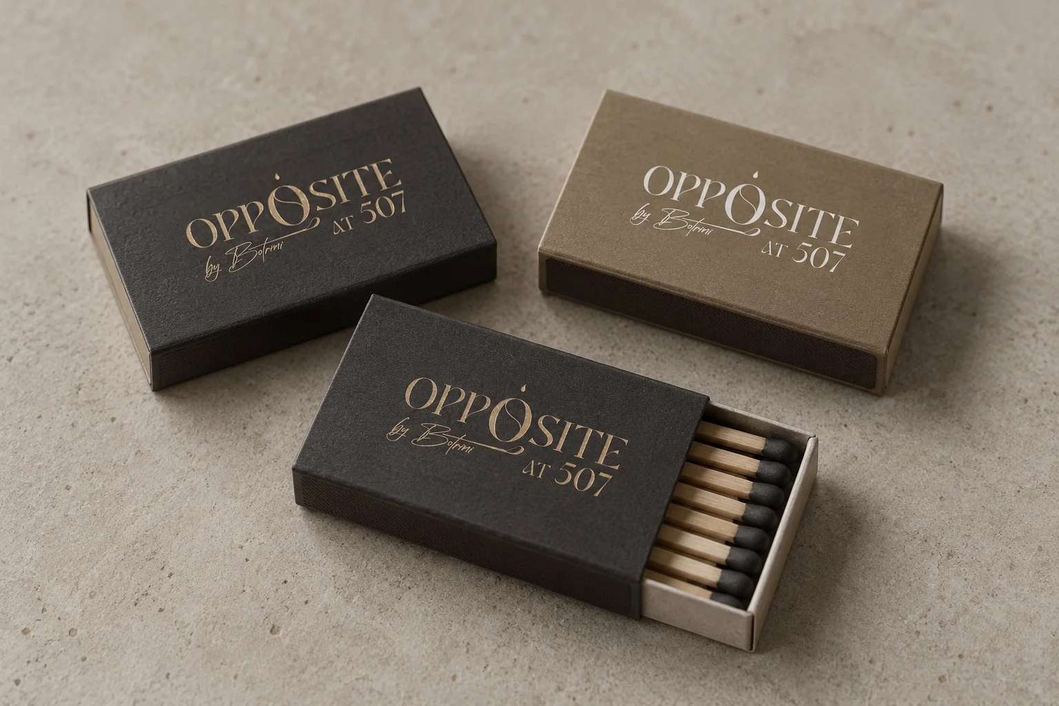 Matchbox mockup with the Opposite identity