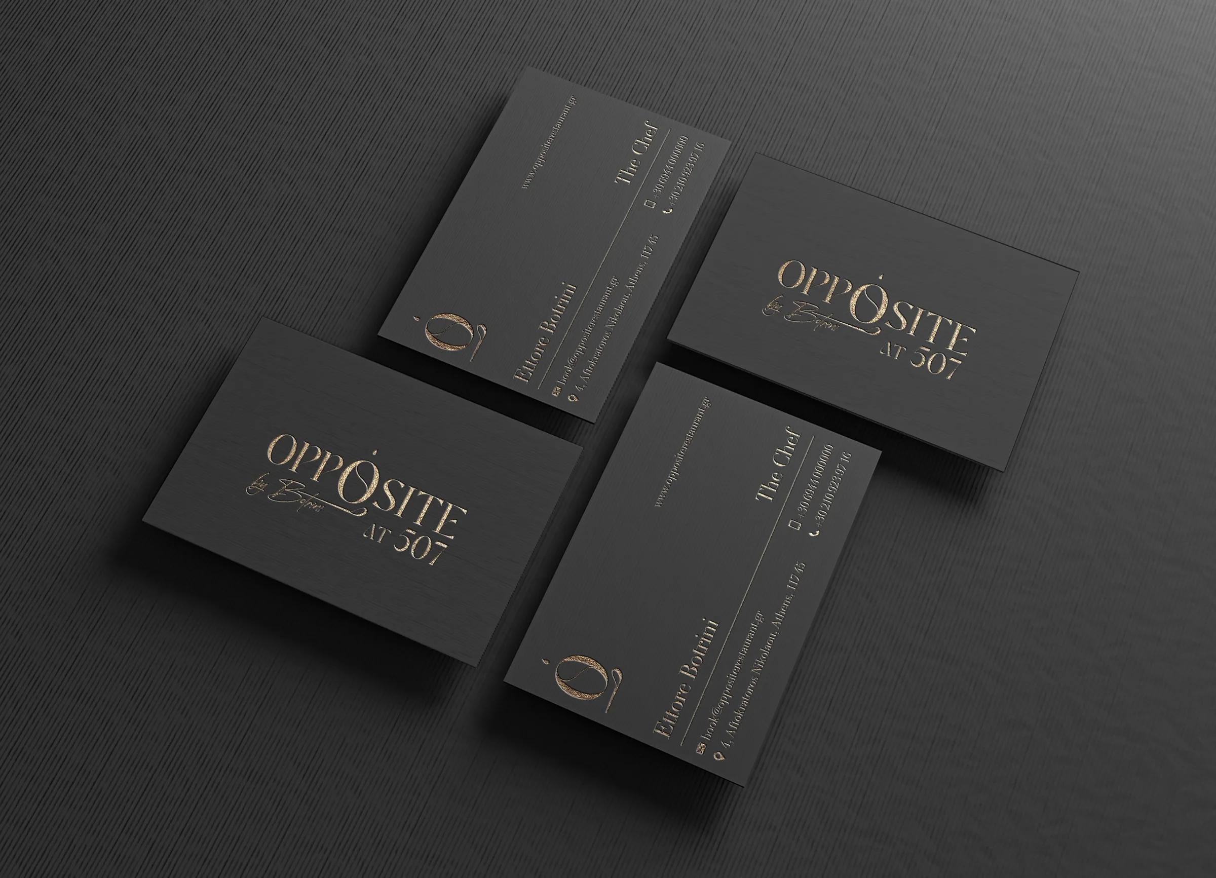 Charcoal business card mockups with gold Opposite branding