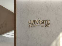 Opposite by Botrini at 507 logo in gold metal on a pale concrete wall mockup