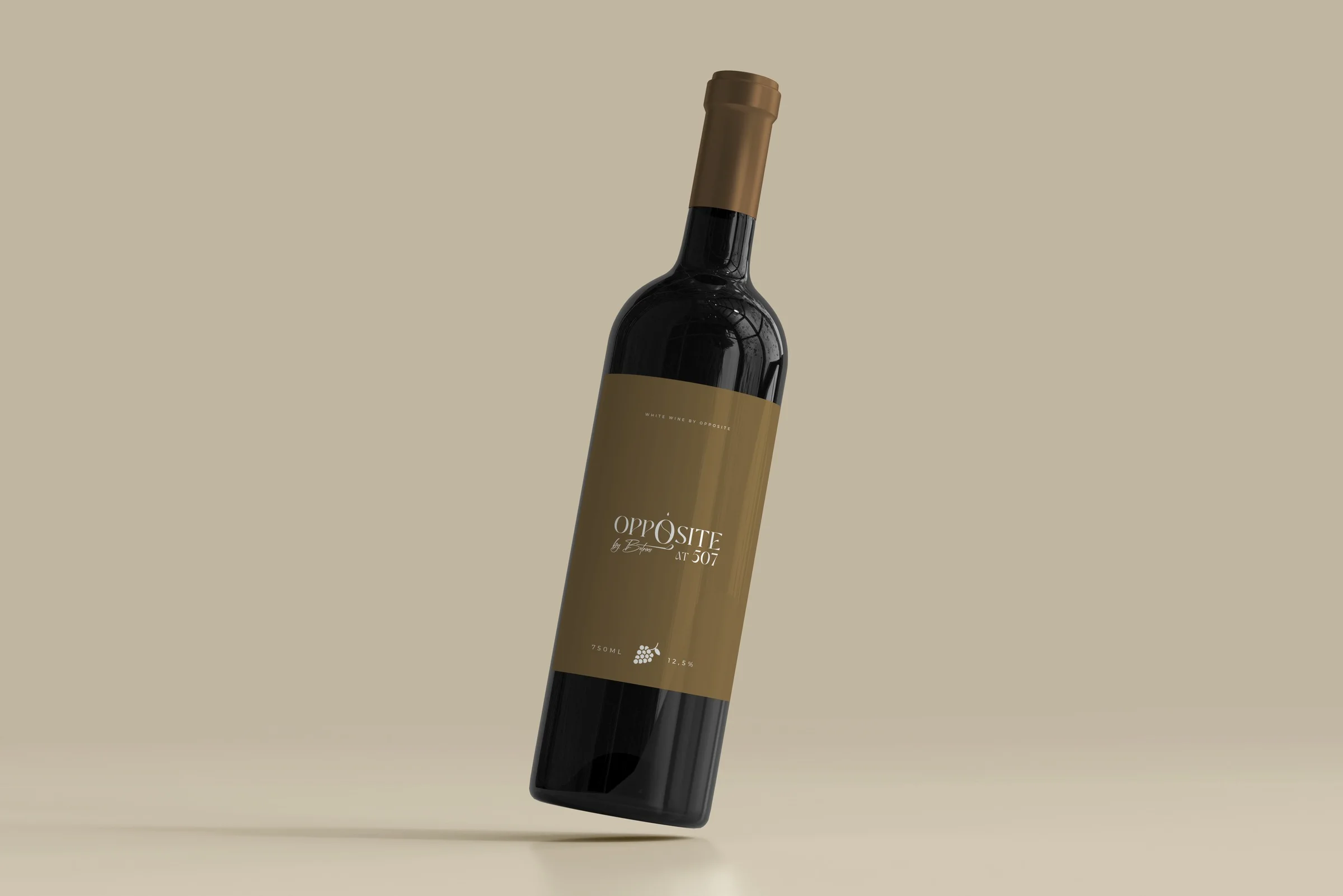 Wine bottle mockup with a gold Opposite label