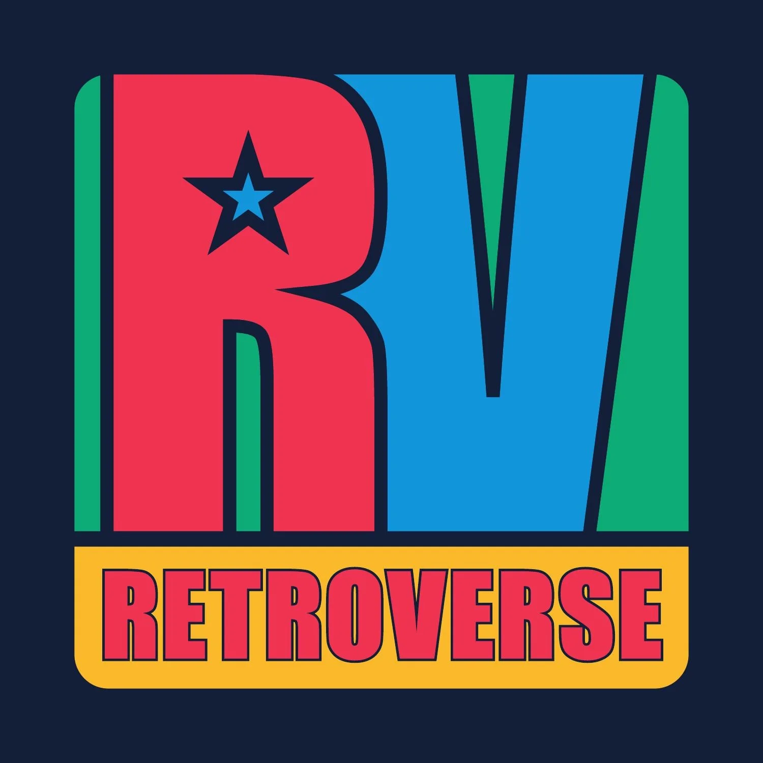 Retroverse RV symbol and star with the red, blue, green and yellow identity palette