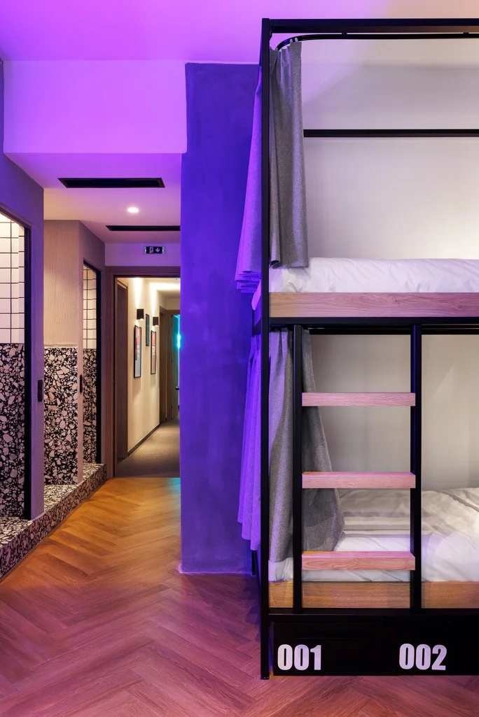 Retroverse dorm beds with coordinated bed and storage numbers