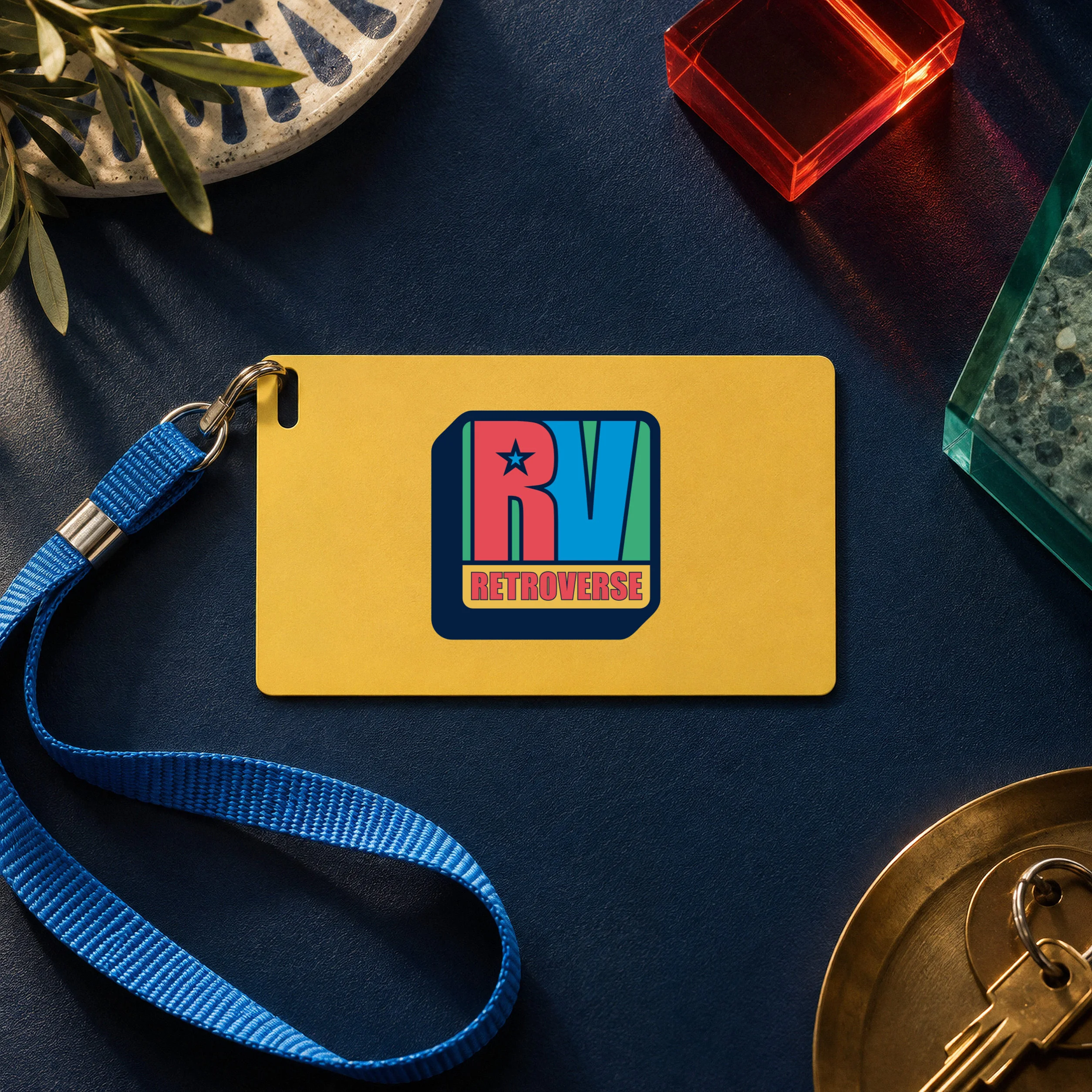 Yellow Retroverse Hostel access card with the original RV logo and blue lanyard