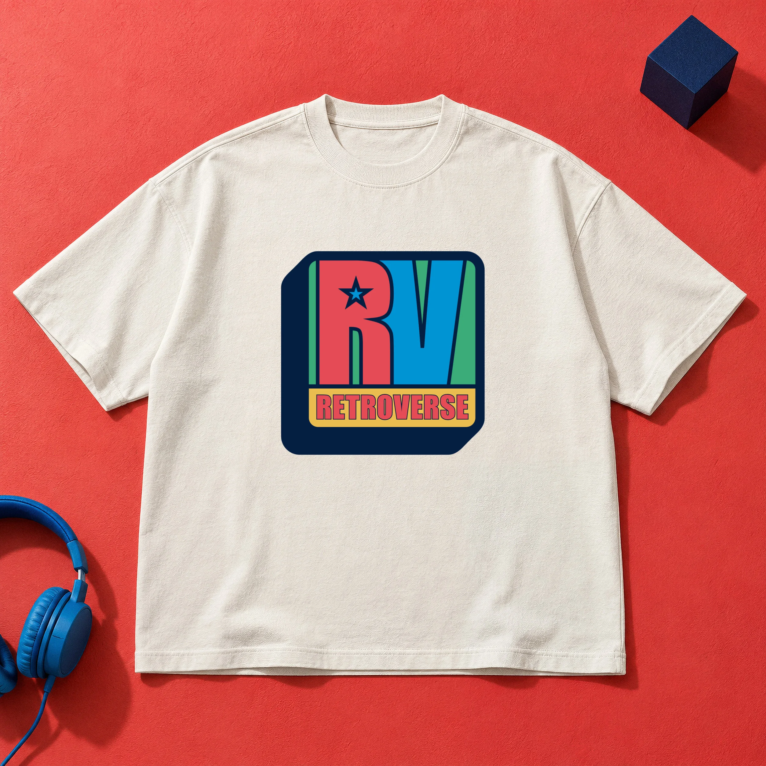 Ivory T-shirt with the original Retroverse RV logo on a coral red background