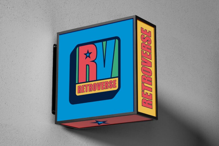 Retroverse exterior sign with the colourful RV emblem