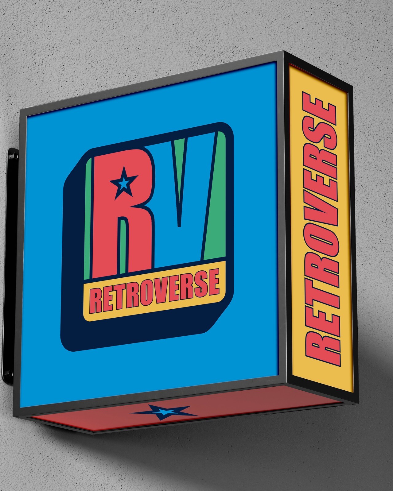 Retroverse exterior lightbox sign with the colourful RV logo and vertical Retroverse lettering