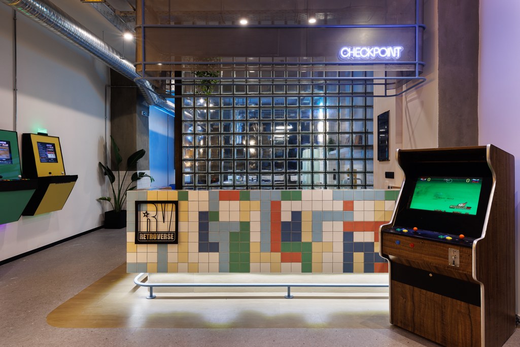 Retroverse reception with RV identity and Checkpoint neon designed by Hello Design