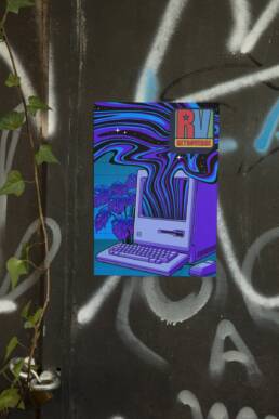 Purple Retroverse street poster concept with a retro computer