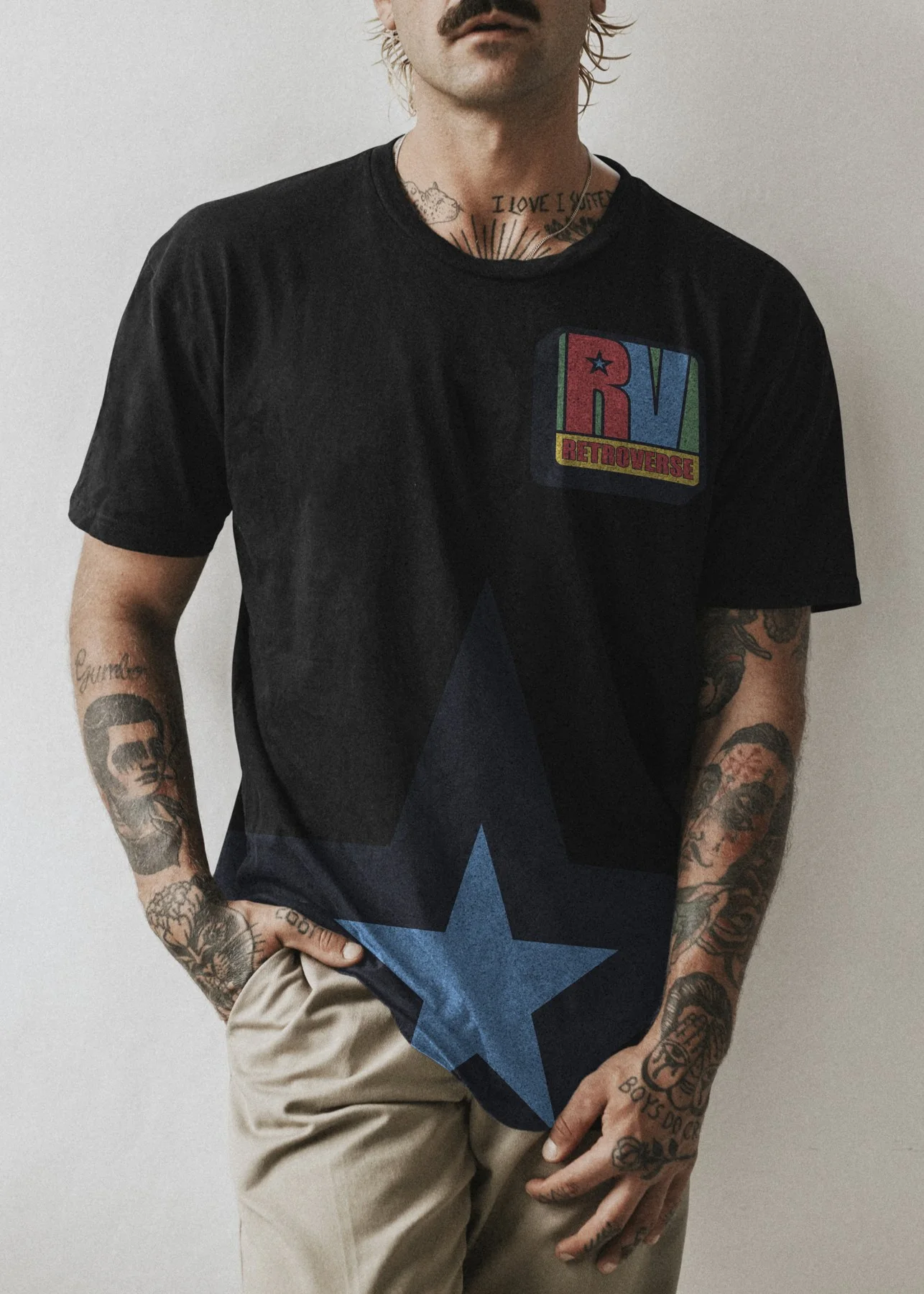 Black T-shirt concept with the Retroverse logo and star