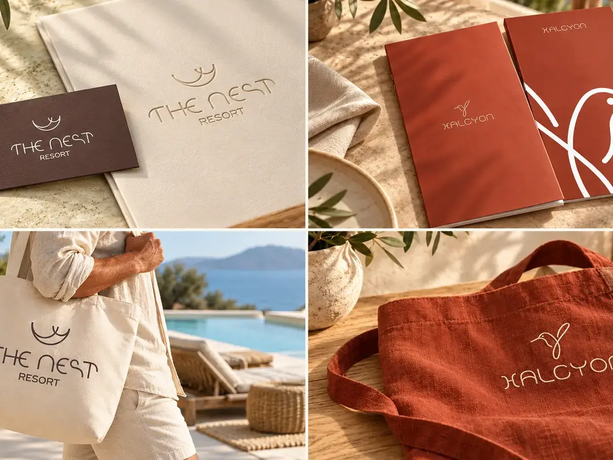 The Nest Resort and Halcyon — Hello Design identity applications on stationery, menus, a guest tote and linen apron