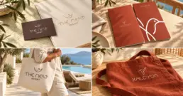 The Nest Resort και Halcyon — κολάζ εφαρμογών ταυτότητας σε κάρτα, φάκελο, καταλόγους, τσάντα και λινή ποδιά